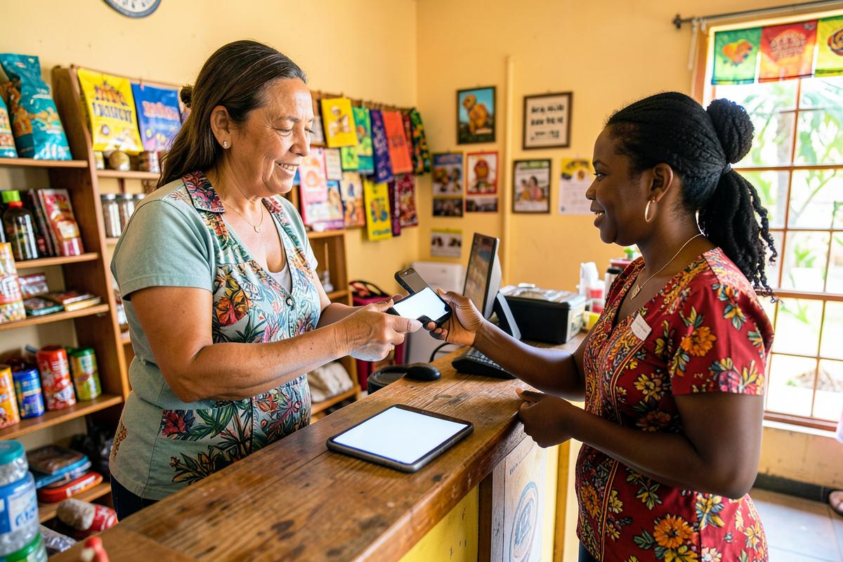 A shop owner accepting a phone payment from a customer at the counter