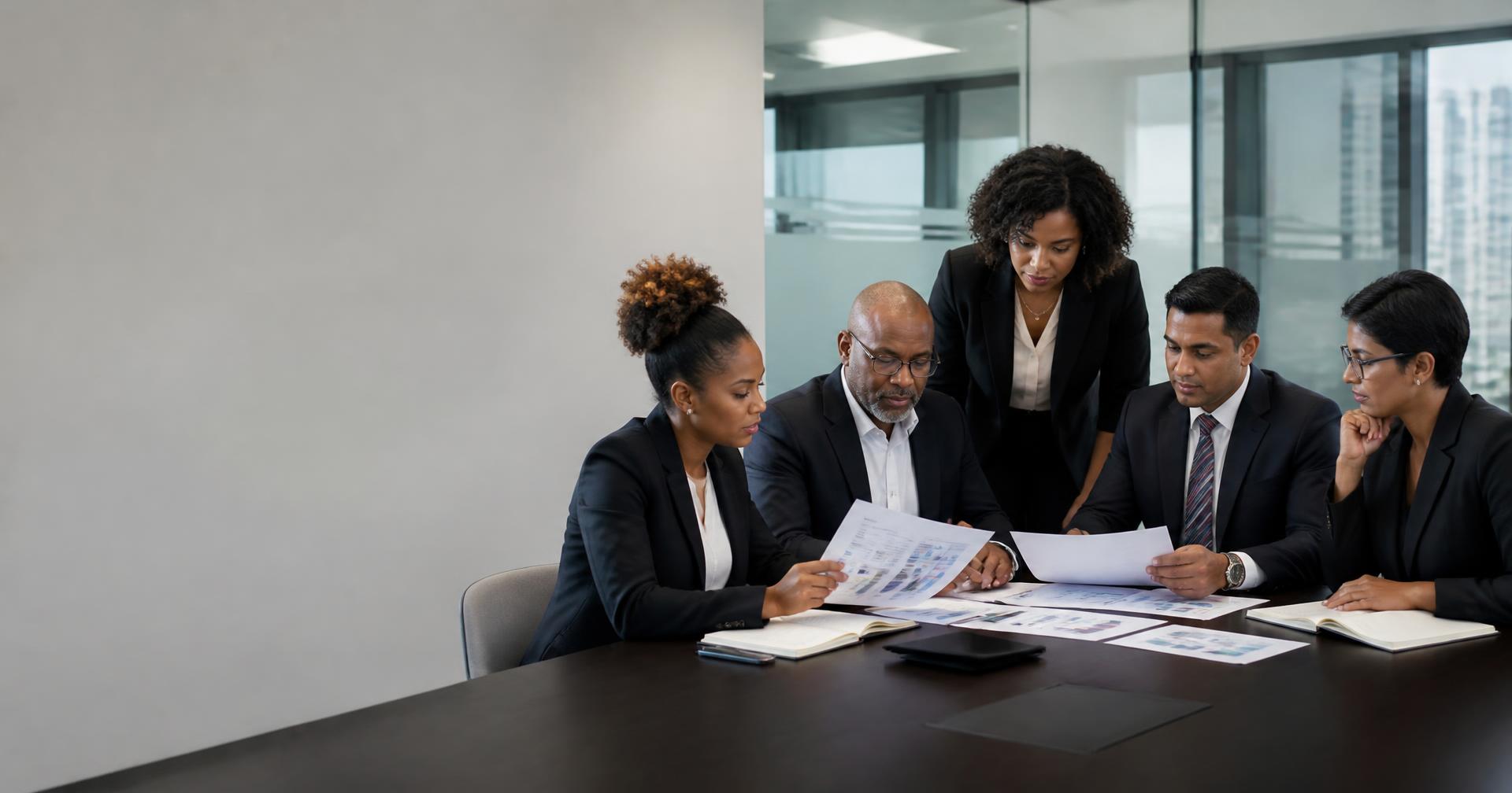 Afro-Caribbean and Indo-Caribbean financial-services professionals reviewing research and strategy documents in a modern boardroom