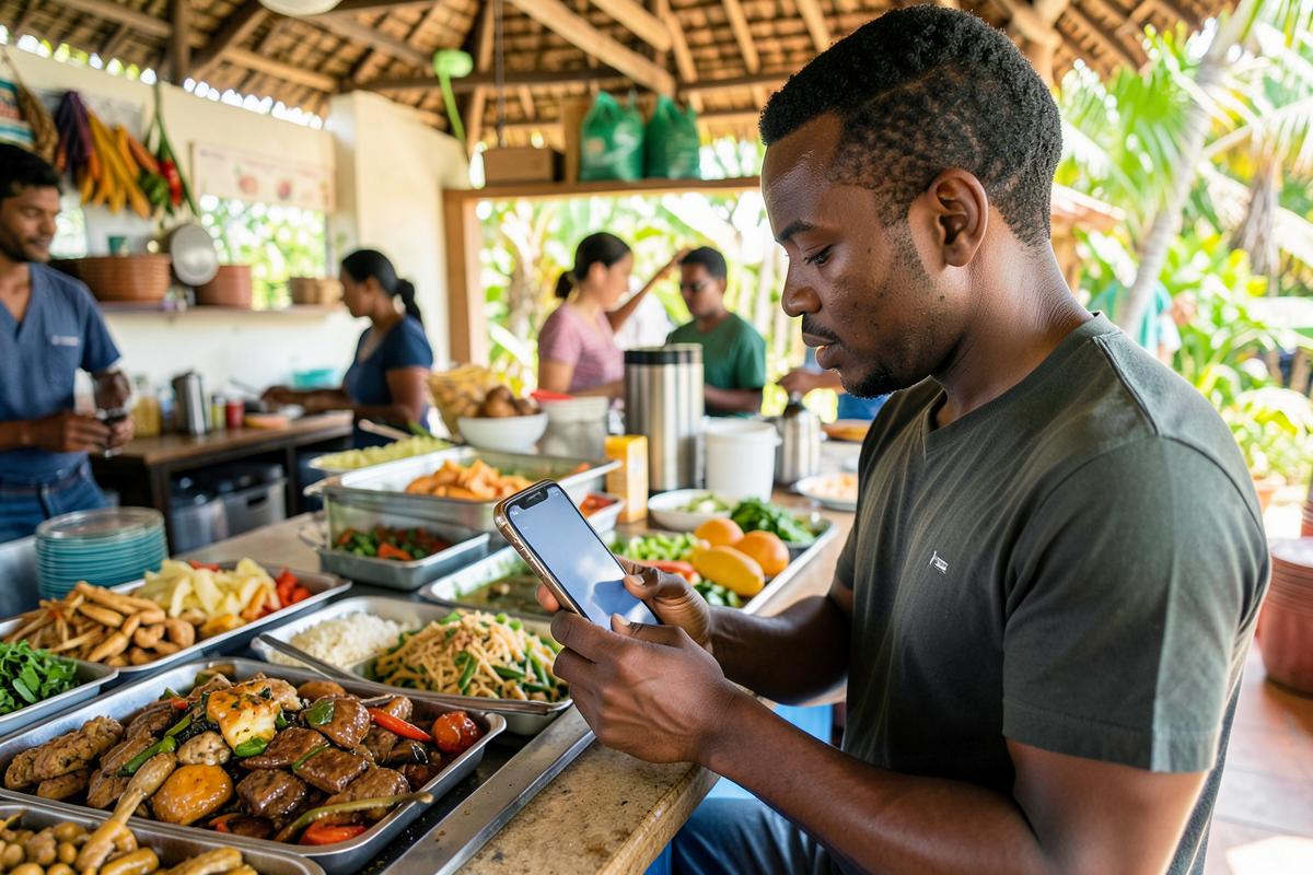 A customer paying with a digital wallet at a local food counter