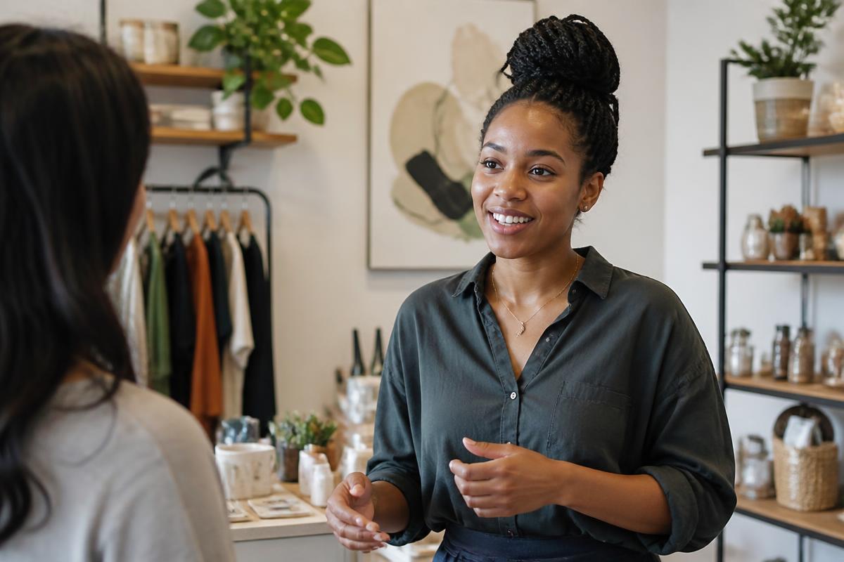 A young Afro-Caribbean woman entrepreneur speaking with a customer in her shop