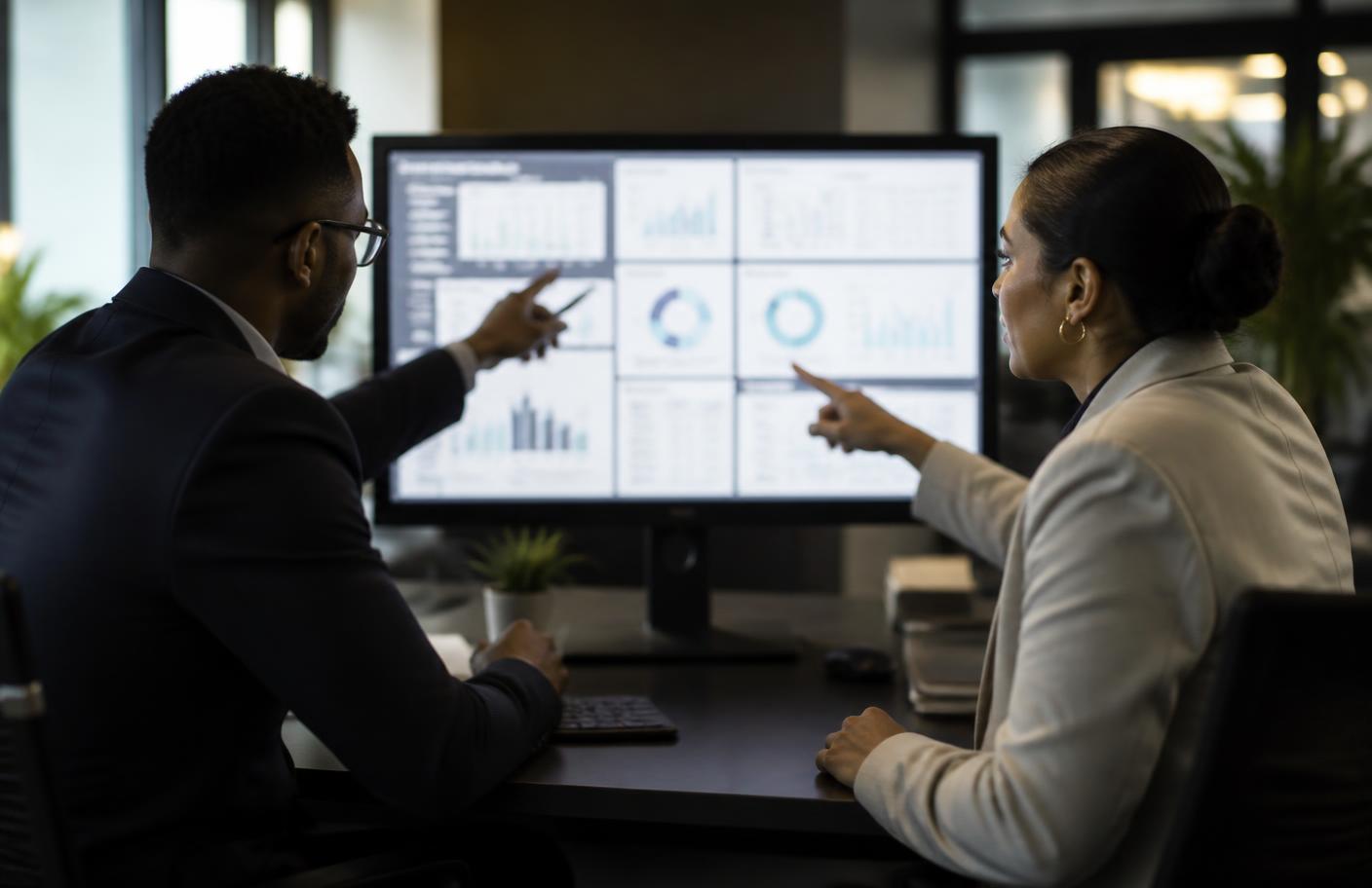 Two Caribbean analysts discussing dashboard charts on a large monitor to reach a business decision