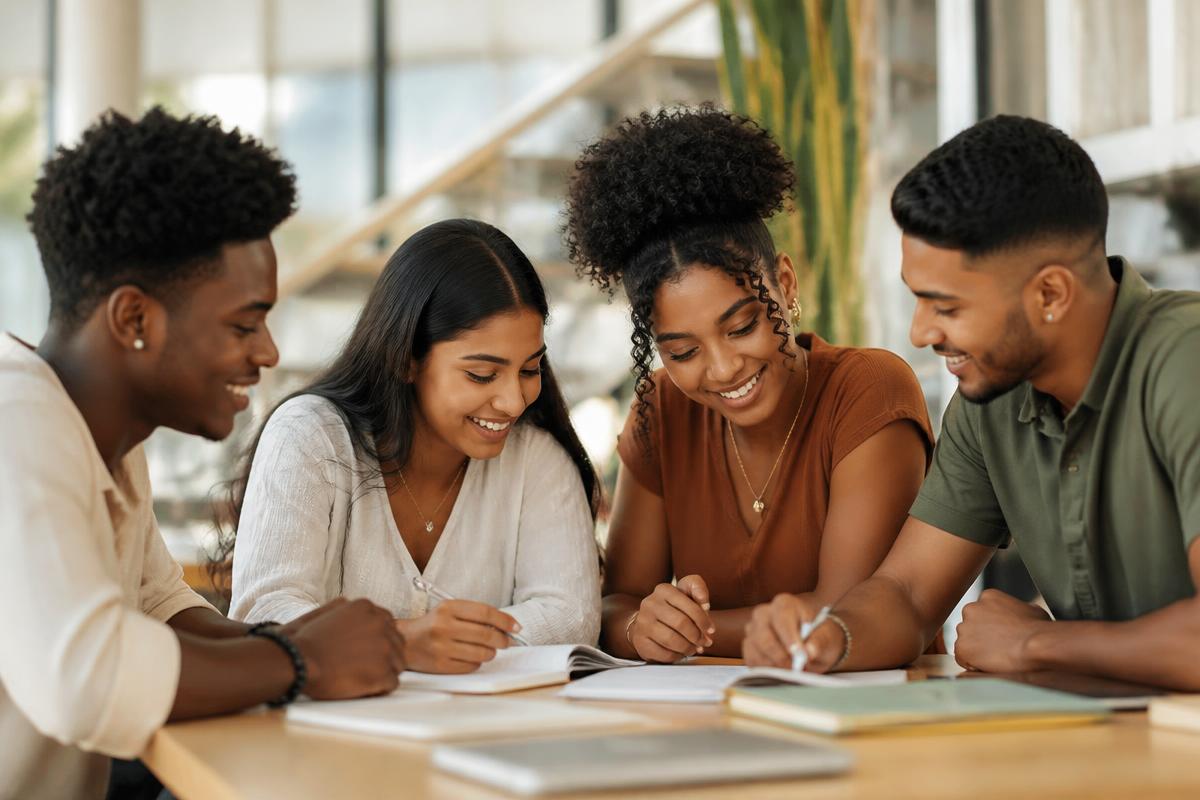 Caribbean young adults studying and planning together at a table