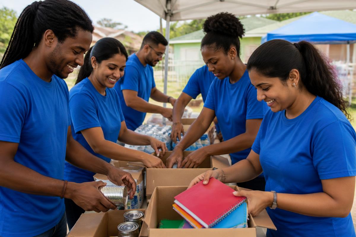 Caribbean community volunteers packing food and school supplies at an outdoor drive