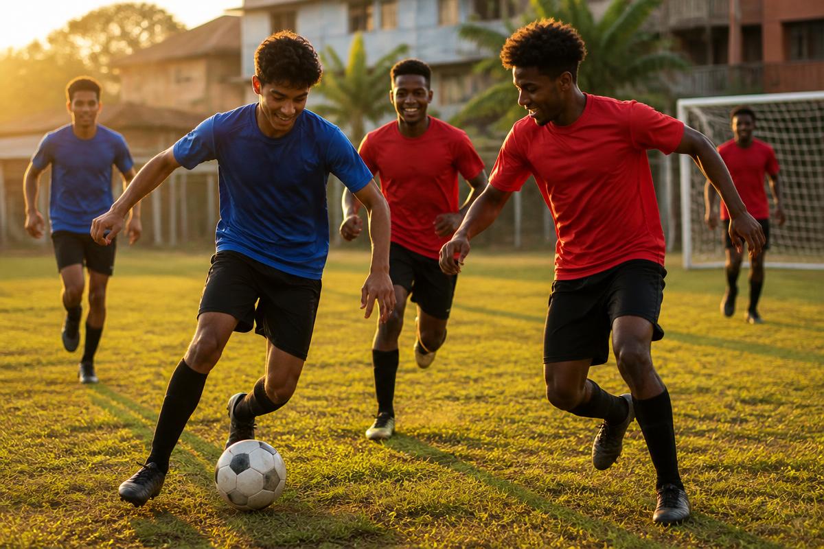 Caribbean youths playing football on a neighbourhood pitch at golden hour