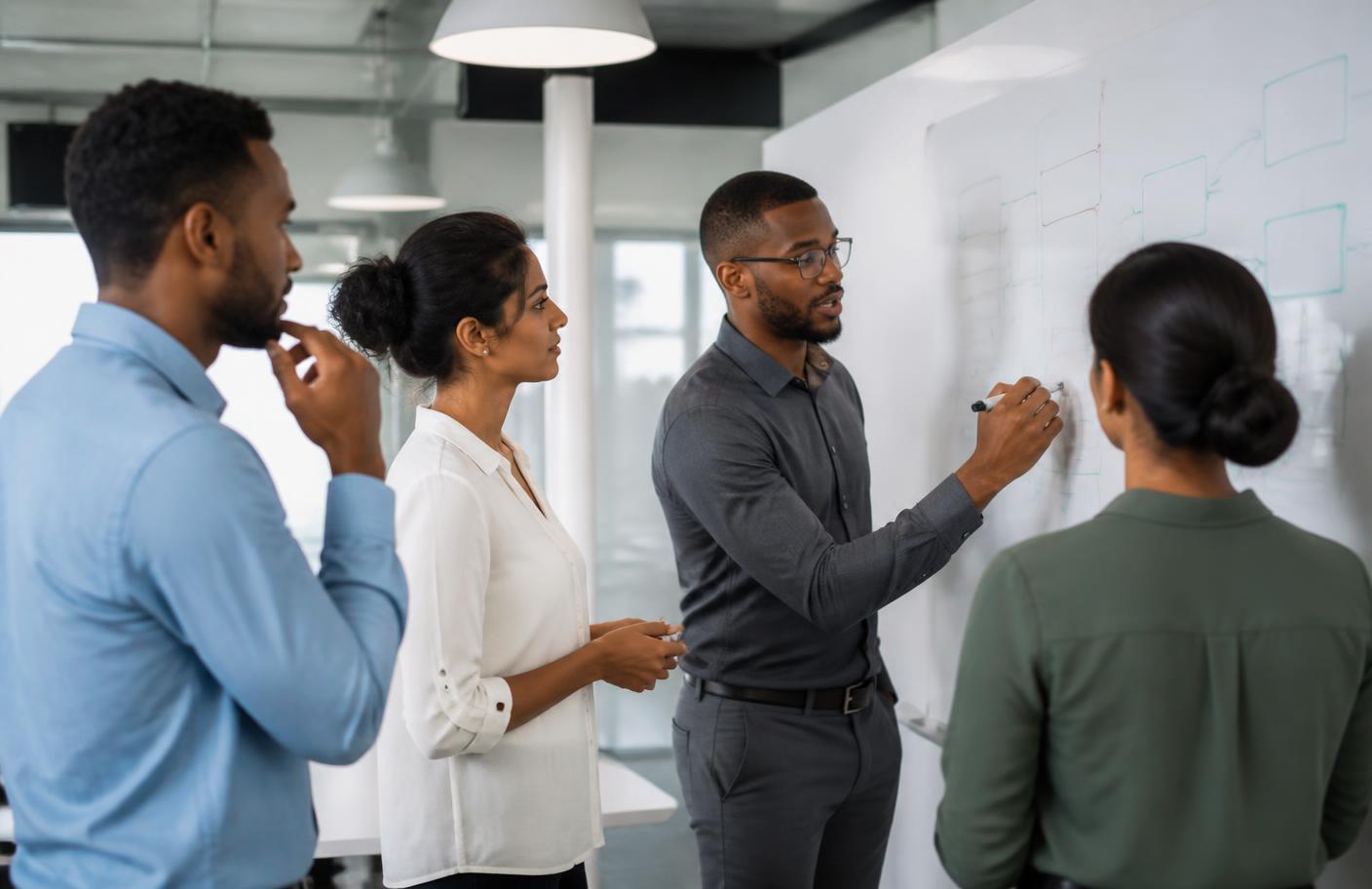 A Caribbean operations and technology team mapping an automated workflow on a whiteboard