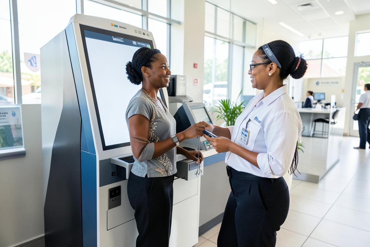 A branch officer assisting a member at a self-service banking kiosk