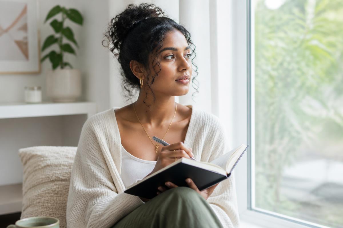 A young Indo-Caribbean woman journalling quietly by a bright window