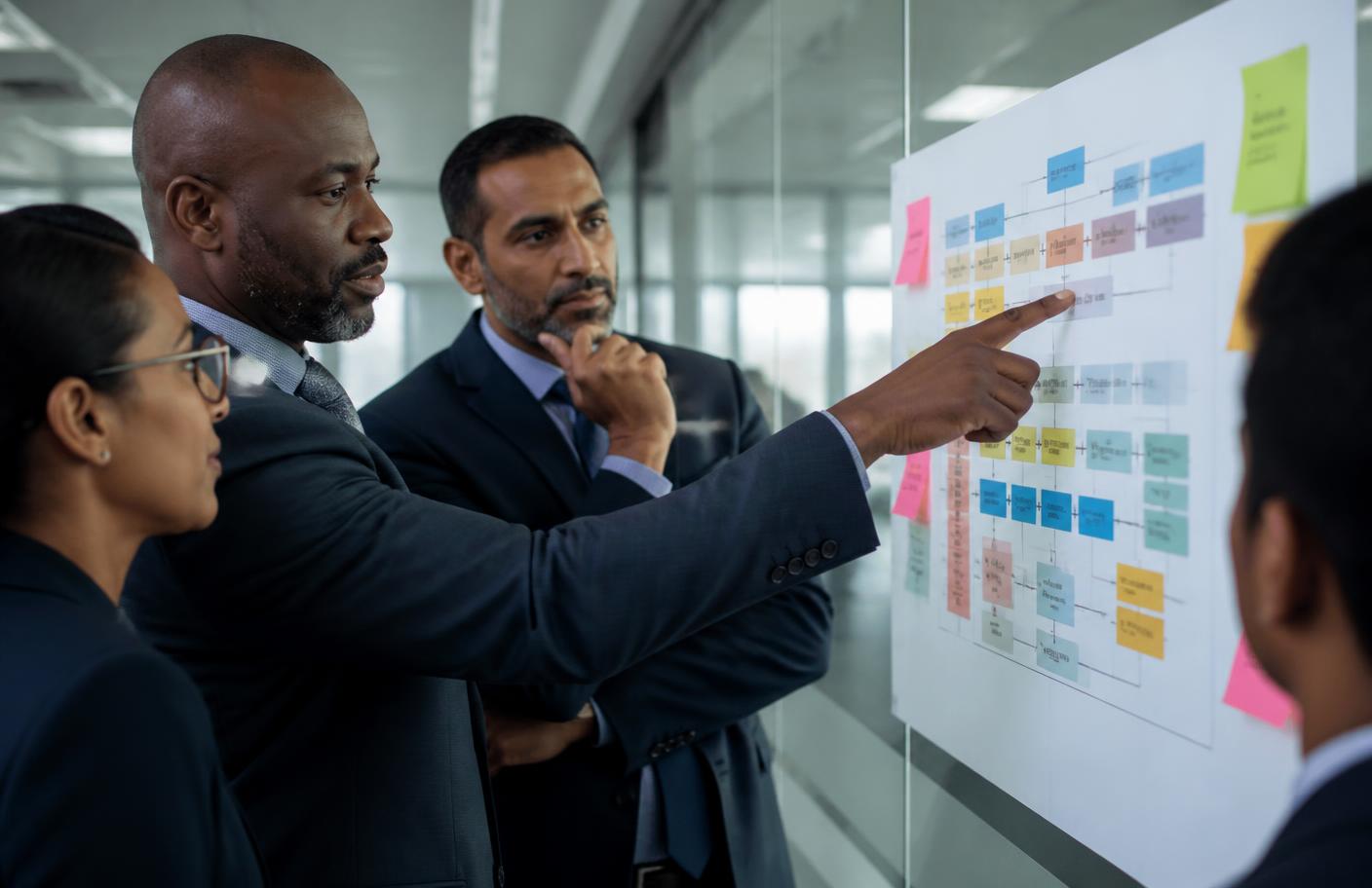 Caribbean executives and technology risk leaders reviewing a governance architecture roadmap on a wall board