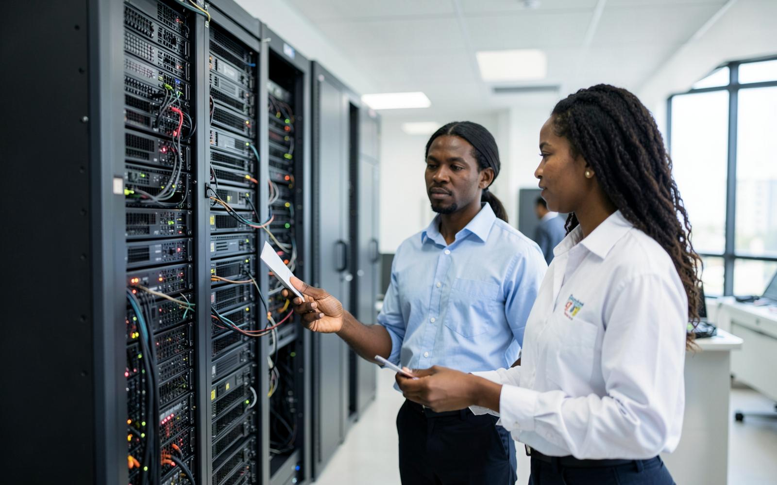 Two Caribbean technology professionals inspecting equipment in a server room