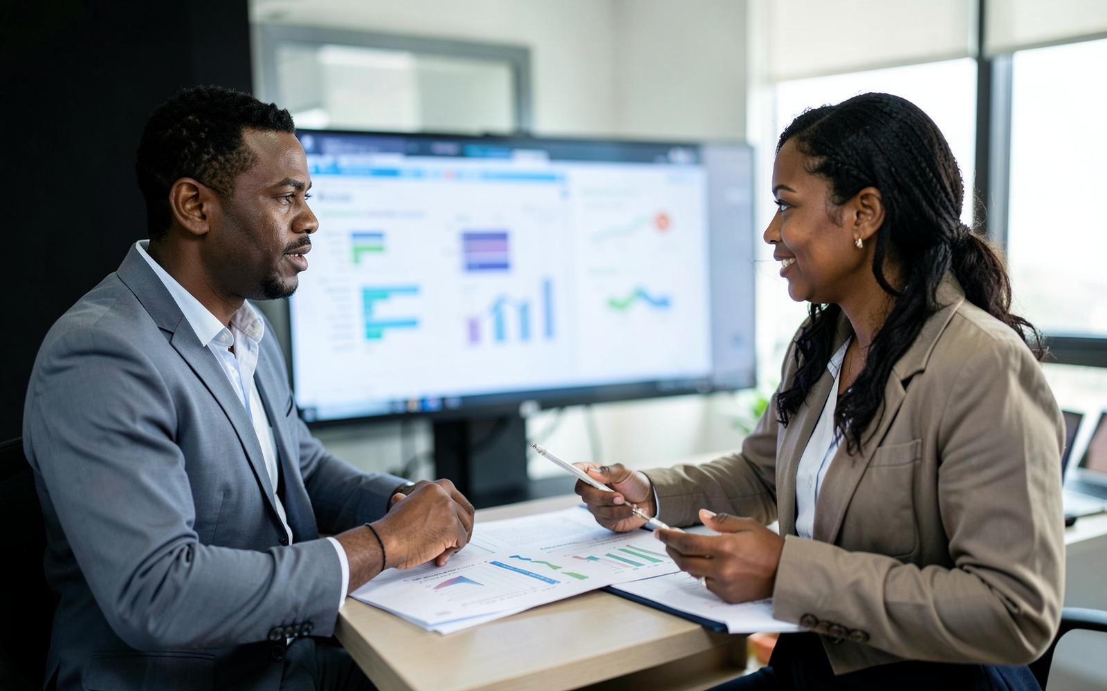 Two Caribbean financial analysts discussing charts and institutional data