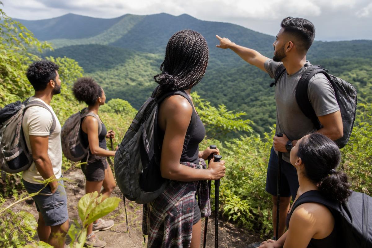Caribbean young adults on a guided hike looking out over a lush green mountain valley
