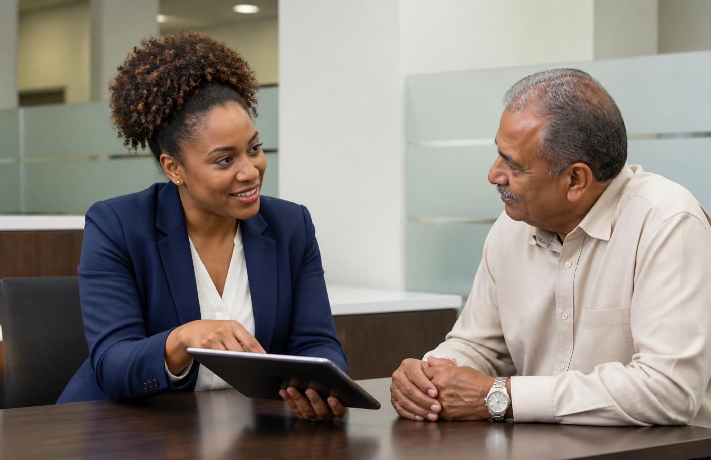 An Afro-Caribbean credit union officer advising an older Indo-Caribbean member at a desk with a tablet