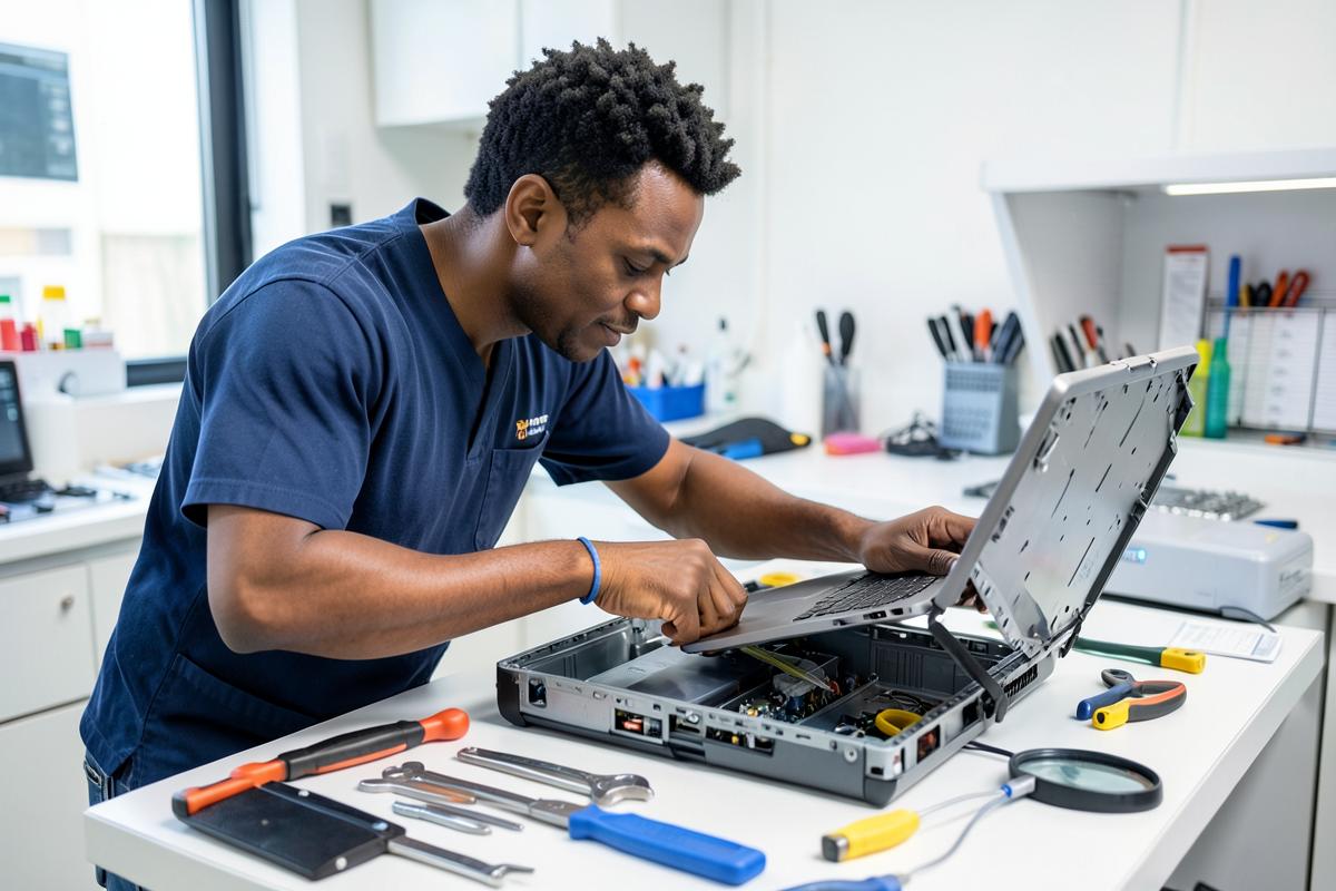Caribbean professionals at work on communication & customer-service hardware for TECH GIANT