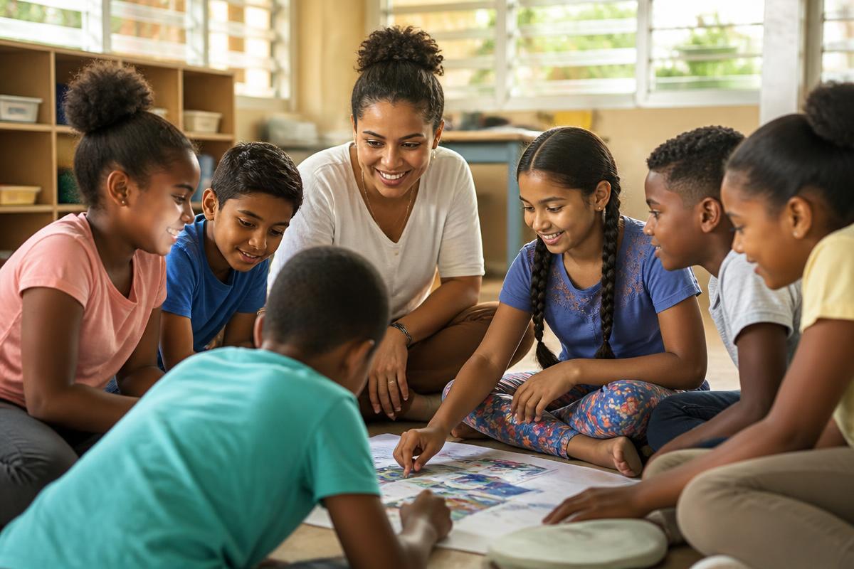 Caribbean children in a bright classroom activity circle with a caring adult mentor