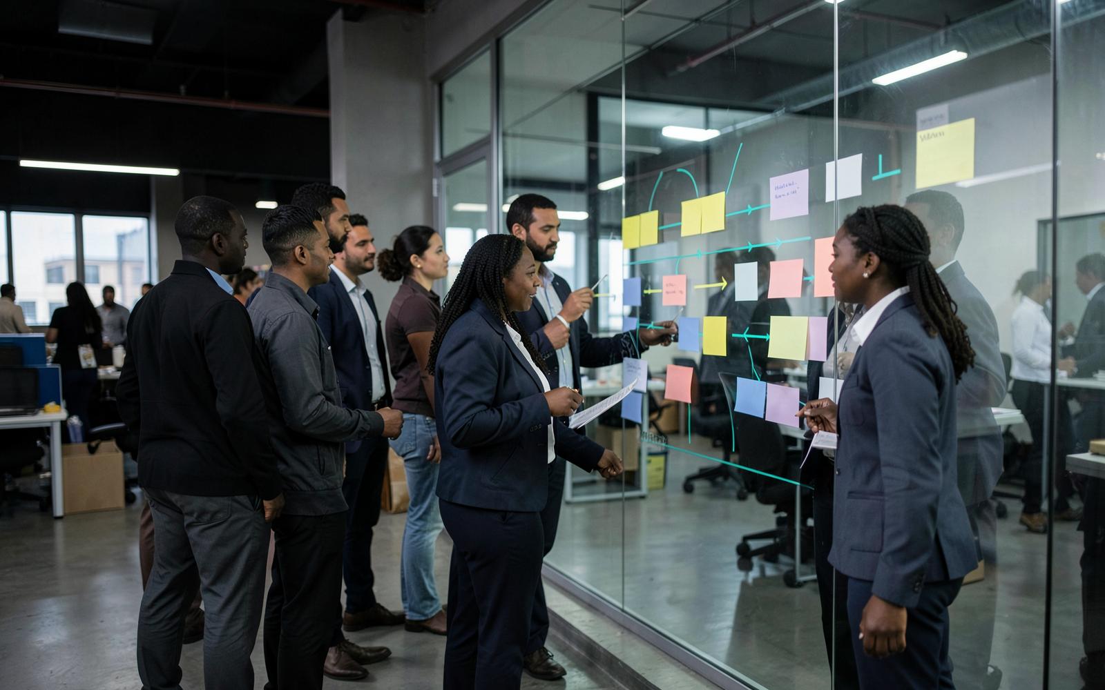 A Caribbean corporate team planning processes with sticky notes on a glass board