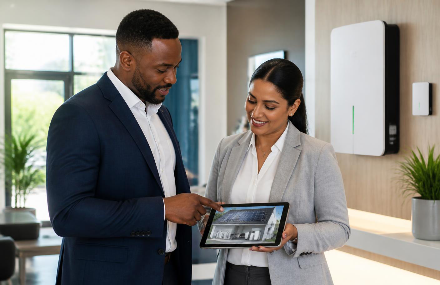 An Afro-Caribbean business owner and an Indo-Caribbean energy consultant reviewing a solar and battery backup layout on a tablet in a bright Trinidad office