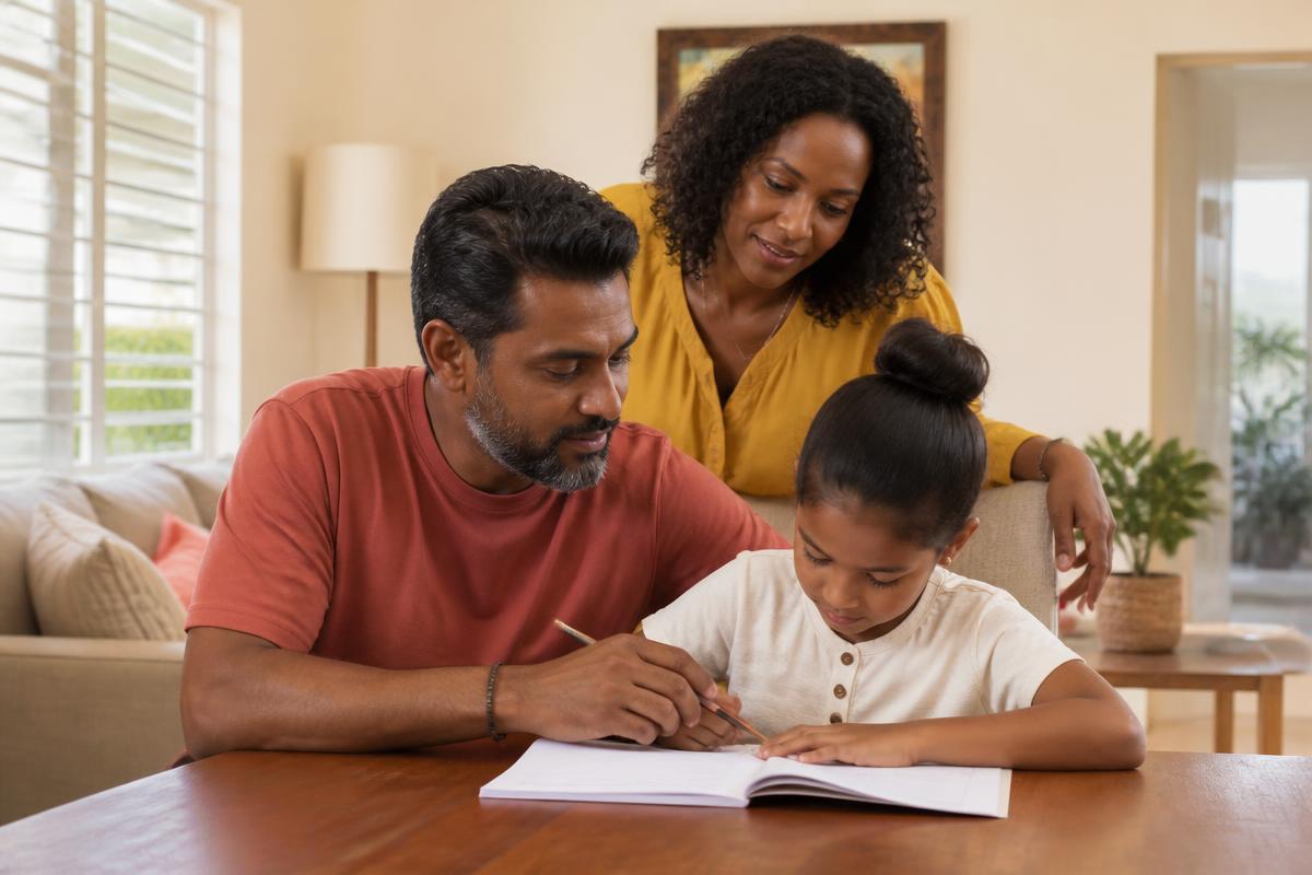 An Indo-Caribbean father and Afro-Caribbean mother helping their daughter with homework
