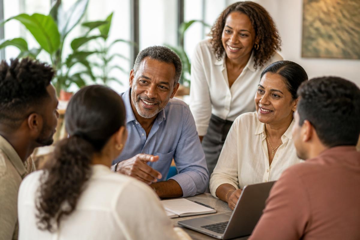 Caribbean professionals in their fifties mentoring younger colleagues