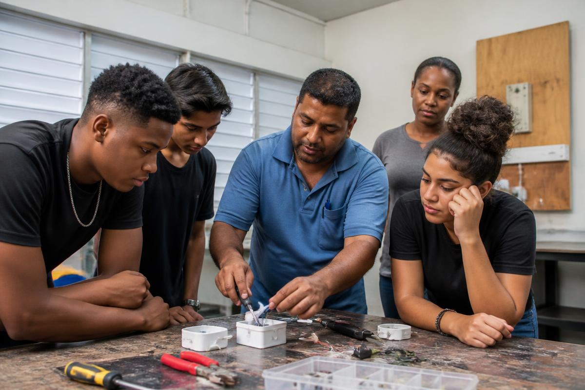 An Indo-Caribbean instructor teaching a hands-on skills workshop to young people