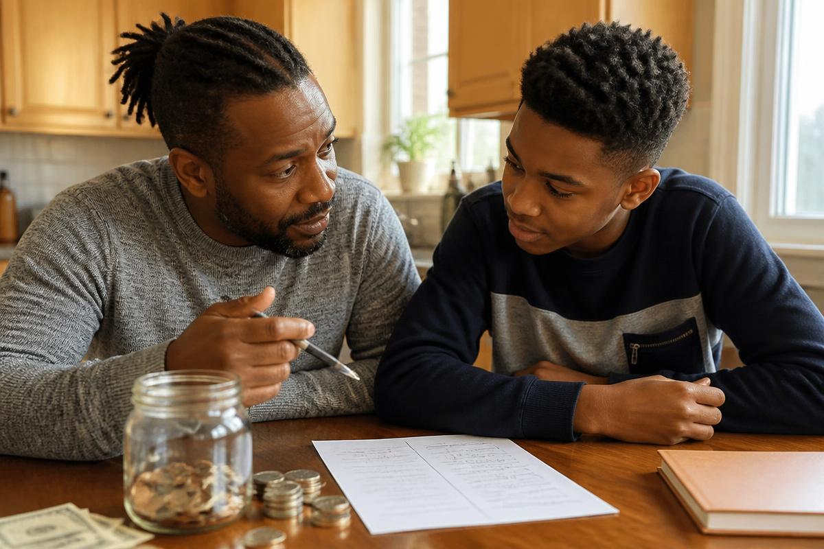 An Afro-Caribbean father teaching his teenage son about saving at the kitchen table