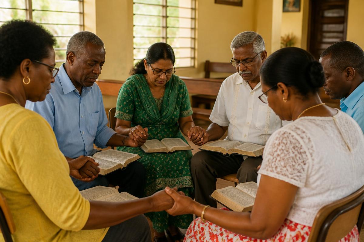 A small Caribbean faith study group seated in a circle in a sunlit church hall