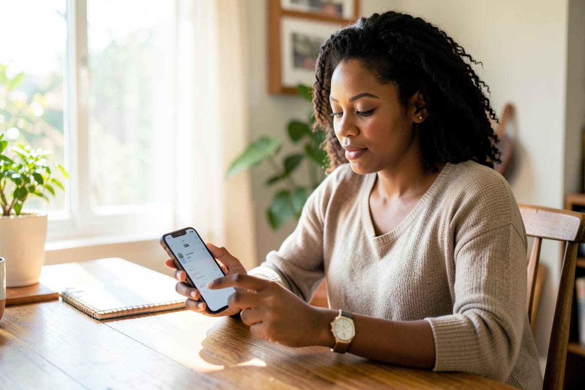 A customer reviewing her accounts on a banking app at home