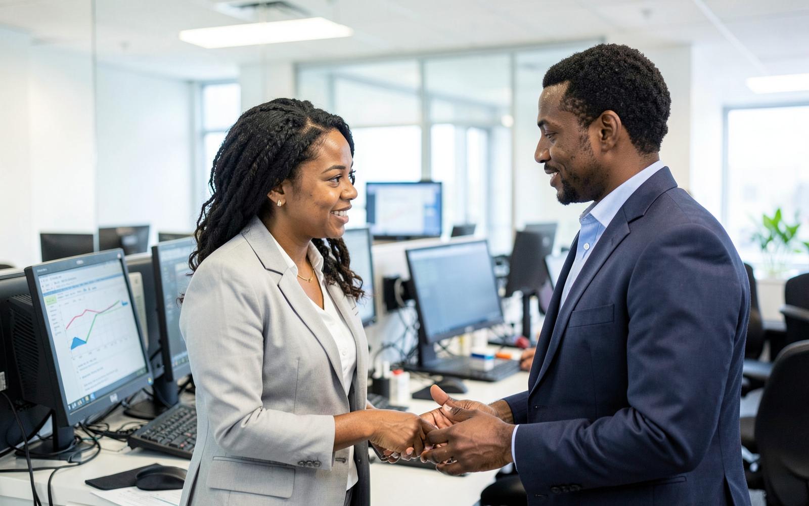 Two Caribbean financial-services professionals meeting beside an office workstation
