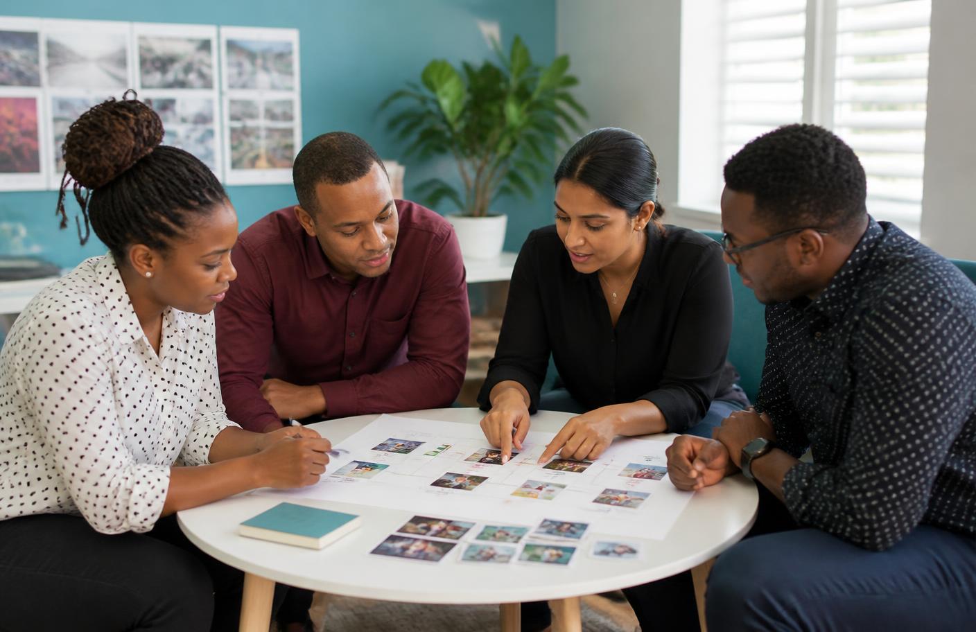 A Caribbean customer-experience team reviewing a printed service journey map around a table