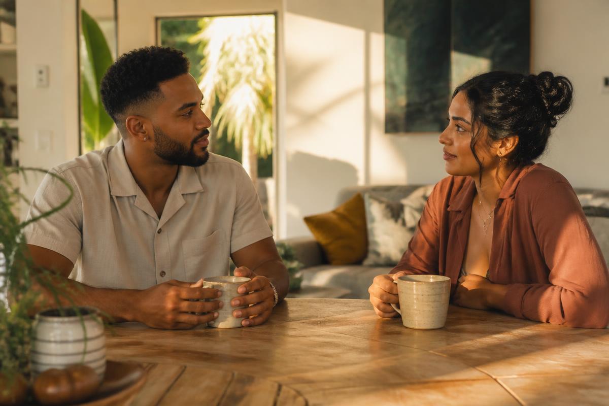 A young Caribbean couple in calm conversation at home
