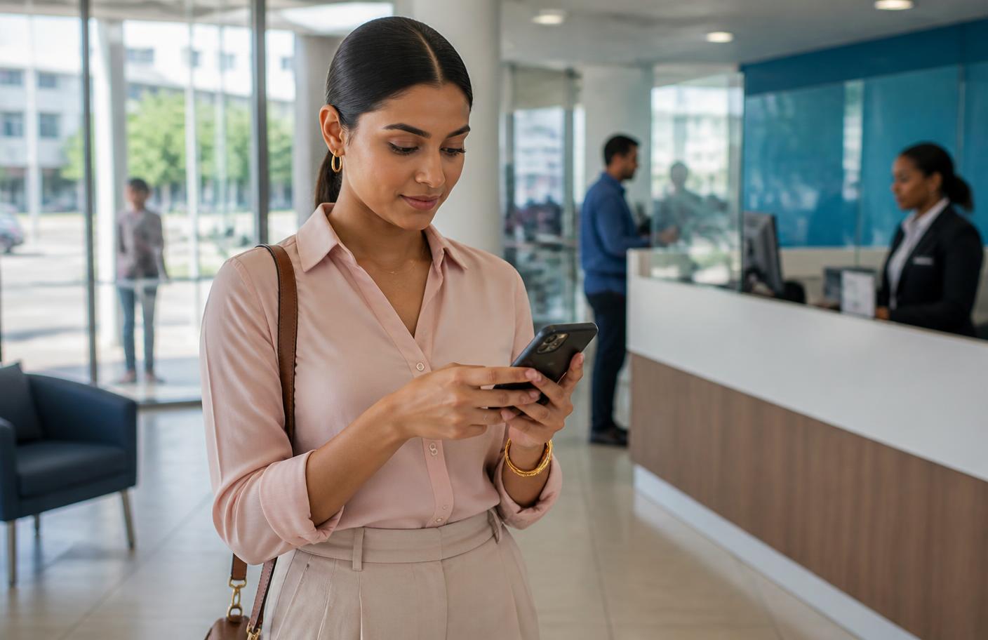 An Indo-Caribbean customer using a secure mobile banking app while standing in a modern bank lobby