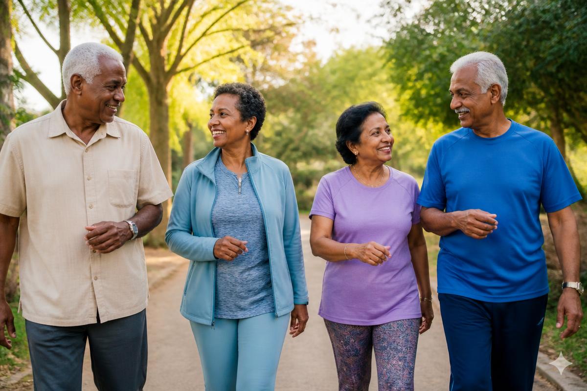 Caribbean elders of African and Indian heritage walking together in a green park