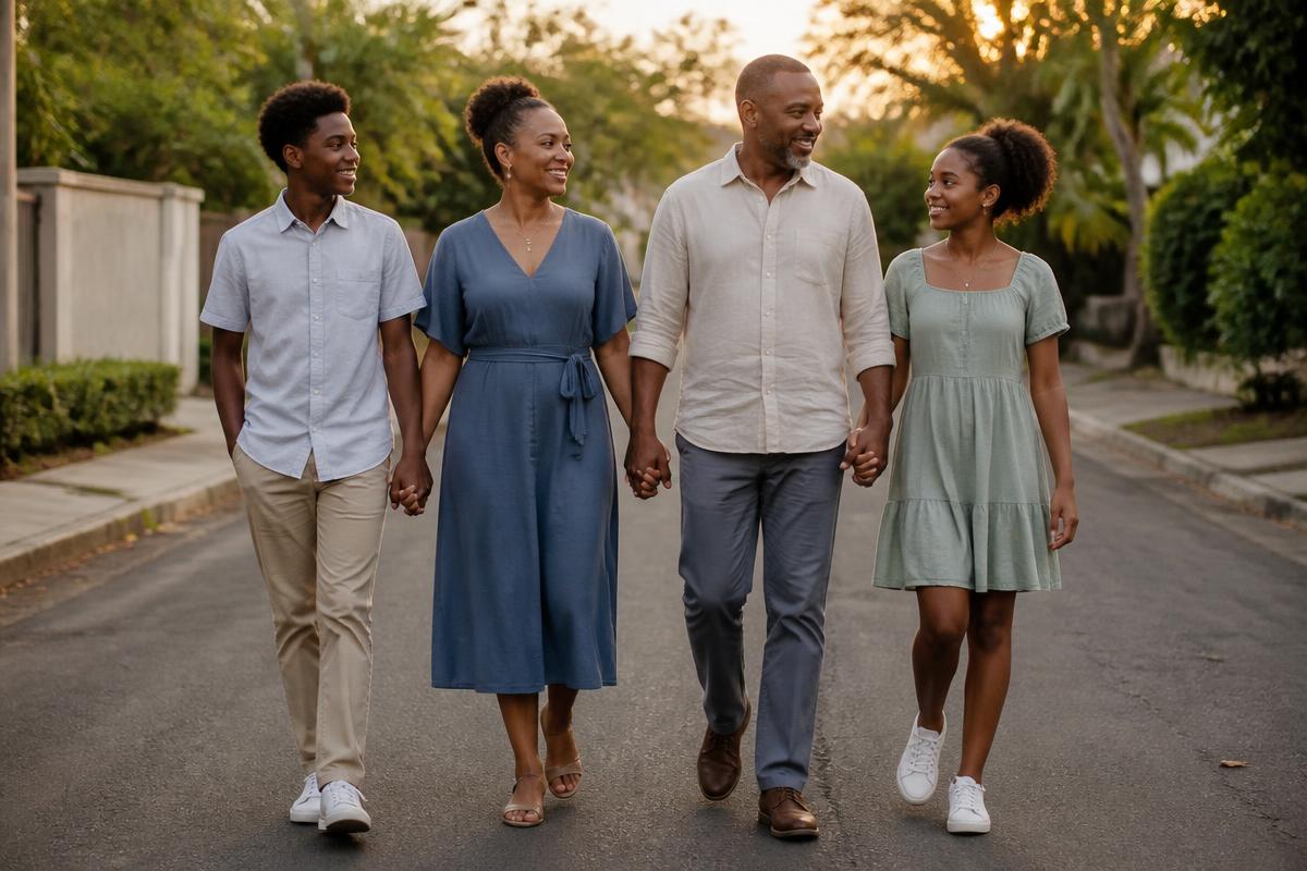 A Caribbean family walking together along a quiet residential street at golden hour