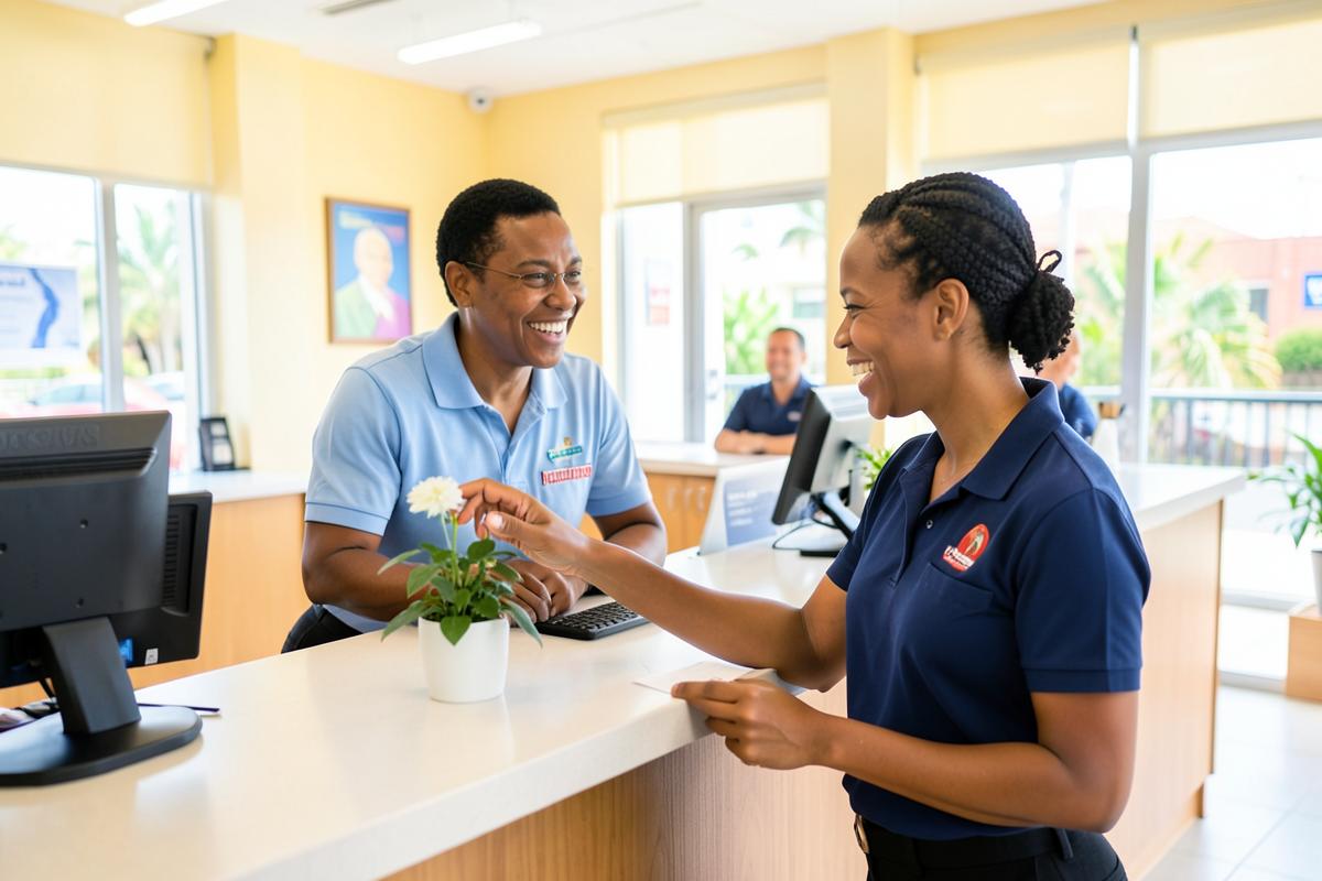 A member-service representative assisting a customer at a credit union counter