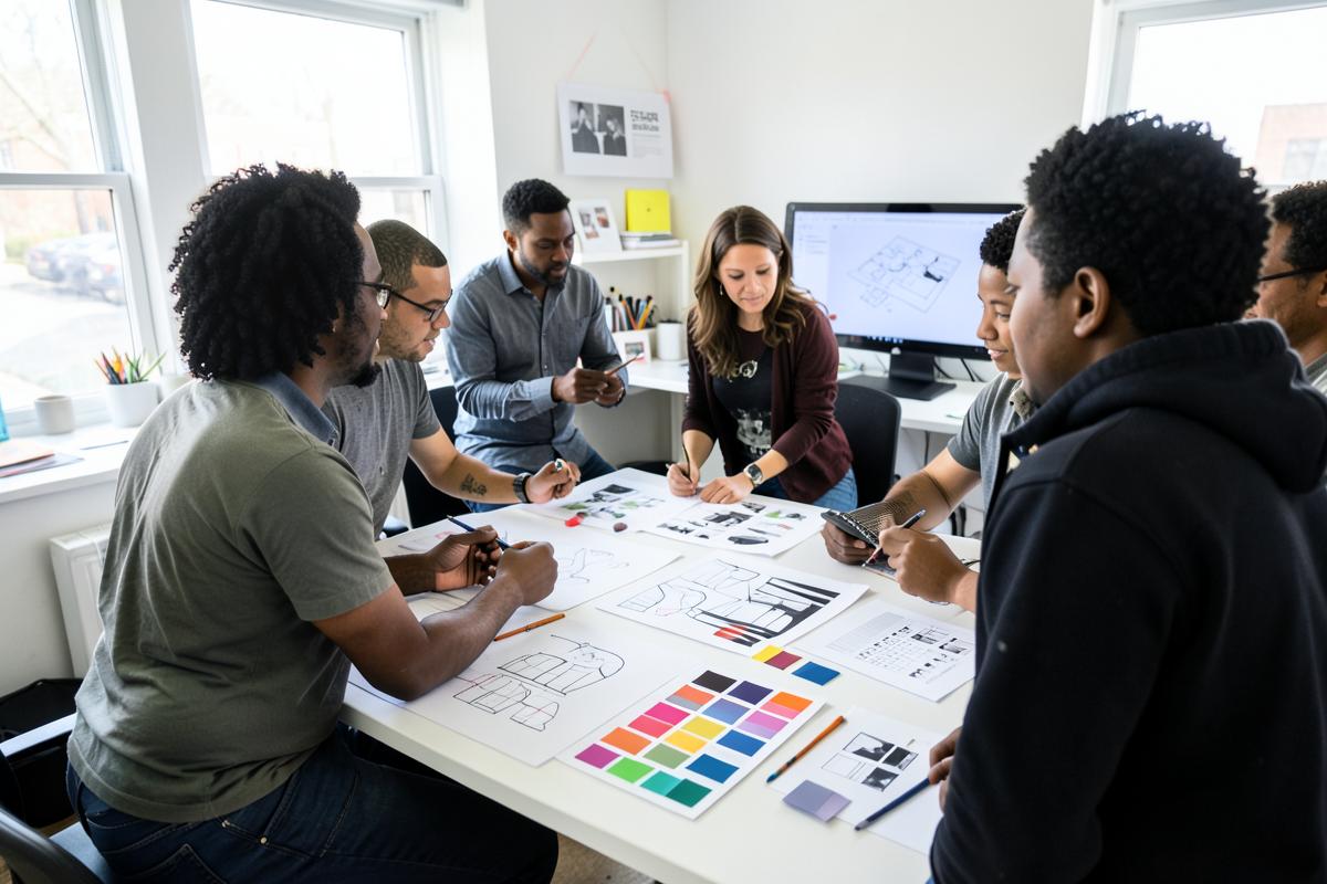 Caribbean designers collaborating over layouts and colour swatches in a studio
