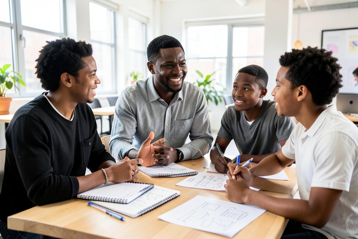 A Caribbean mentor coaching young founders through a business plan
