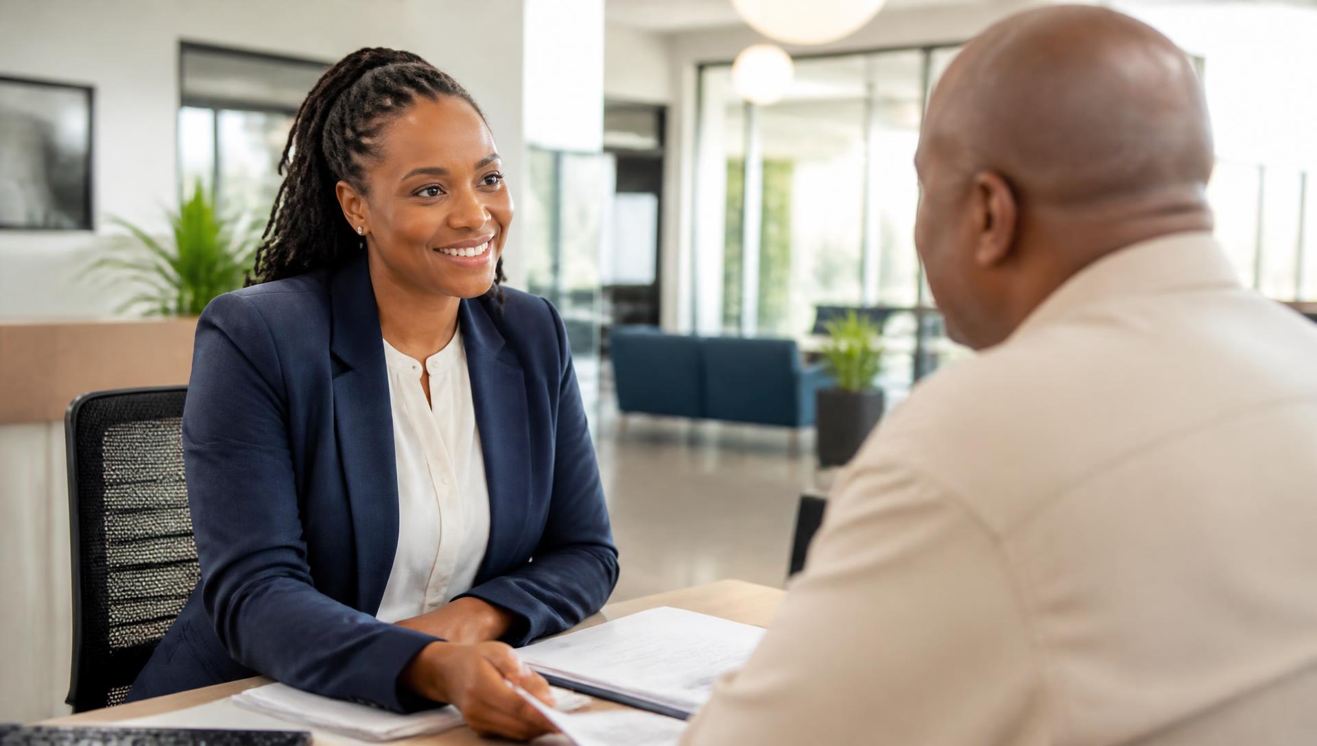 A financial professional assisting a member at a service desk