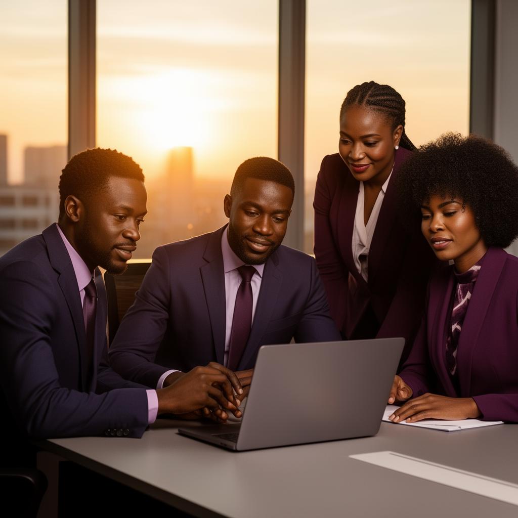 Caribbean professionals collaborating in a modern office at sunset