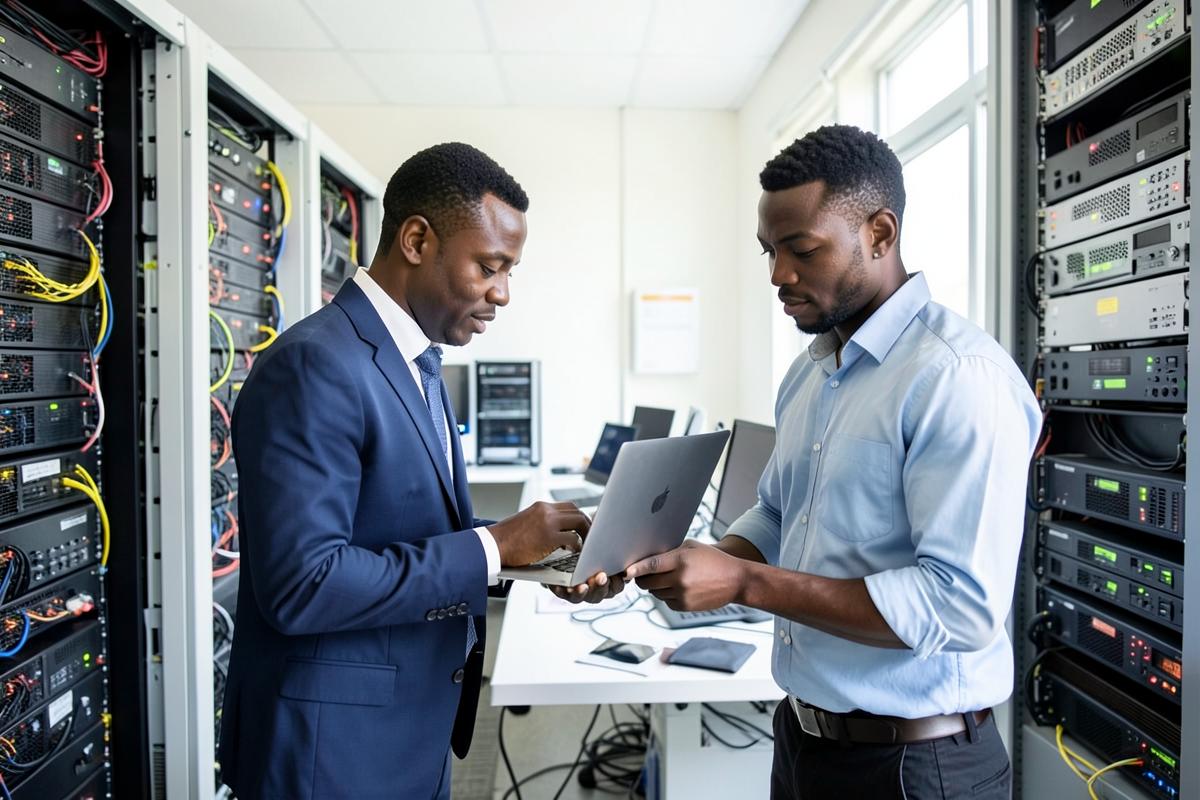 Caribbean IT specialists reviewing secure network and systems work in a financial institution