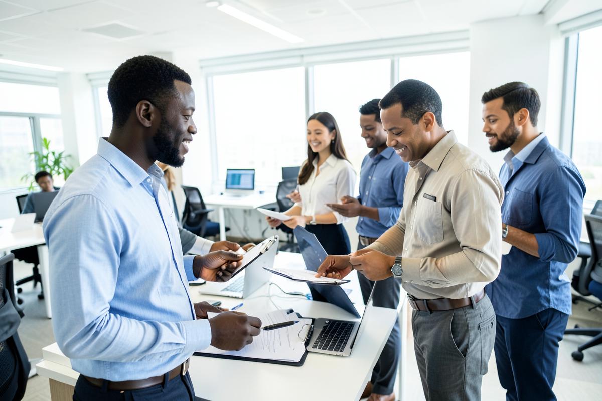 Caribbean operations managers coordinating daily work in an open-plan office