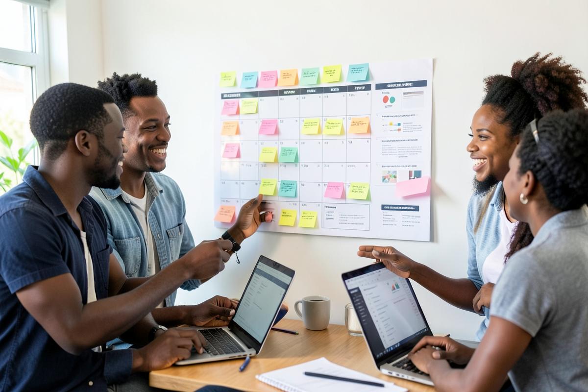 A Caribbean marketing team planning a campaign calendar together