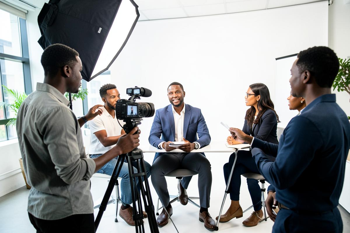 A Caribbean production crew filming a corporate interview in a bright studio