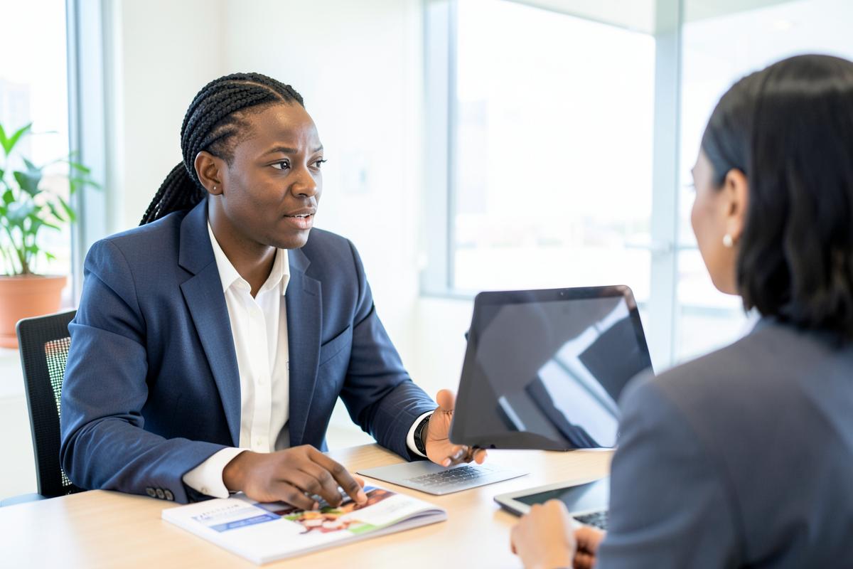 A Caribbean financial adviser in a consultative conversation with a client
