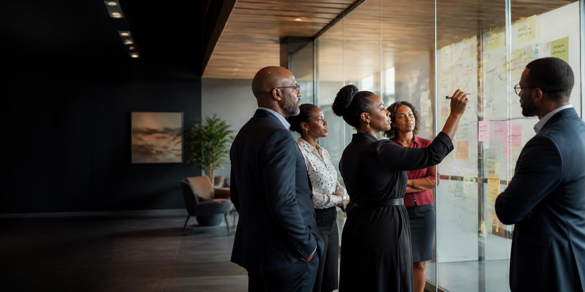 Caribbean financial-services leaders and technology specialists mapping systems and customer journeys together